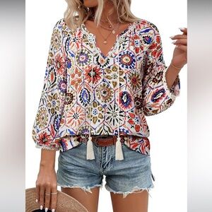 Boho Floral Print Peasant Blouse | Tassel Tie Bohemian Top